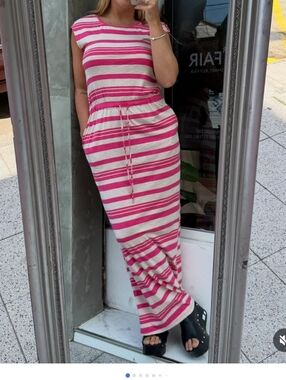 Tommy Hilfiger Maxi Dress Striped Pink and Cream Maxi Dress Size Medium